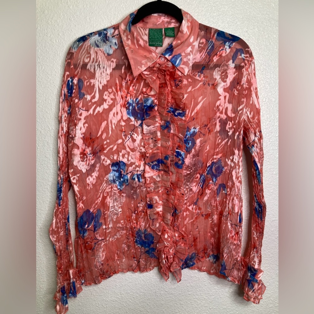 Vintage Y2K  Silk Top Sheer Fairy Ruffle Whimsical Coquette Blouse Sz L